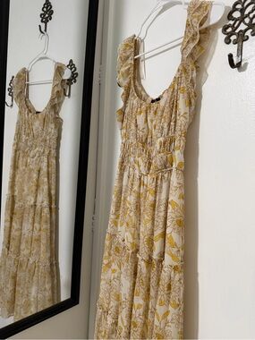 Floral Ruffle Maxi Dress in Cream and Mustard - Women